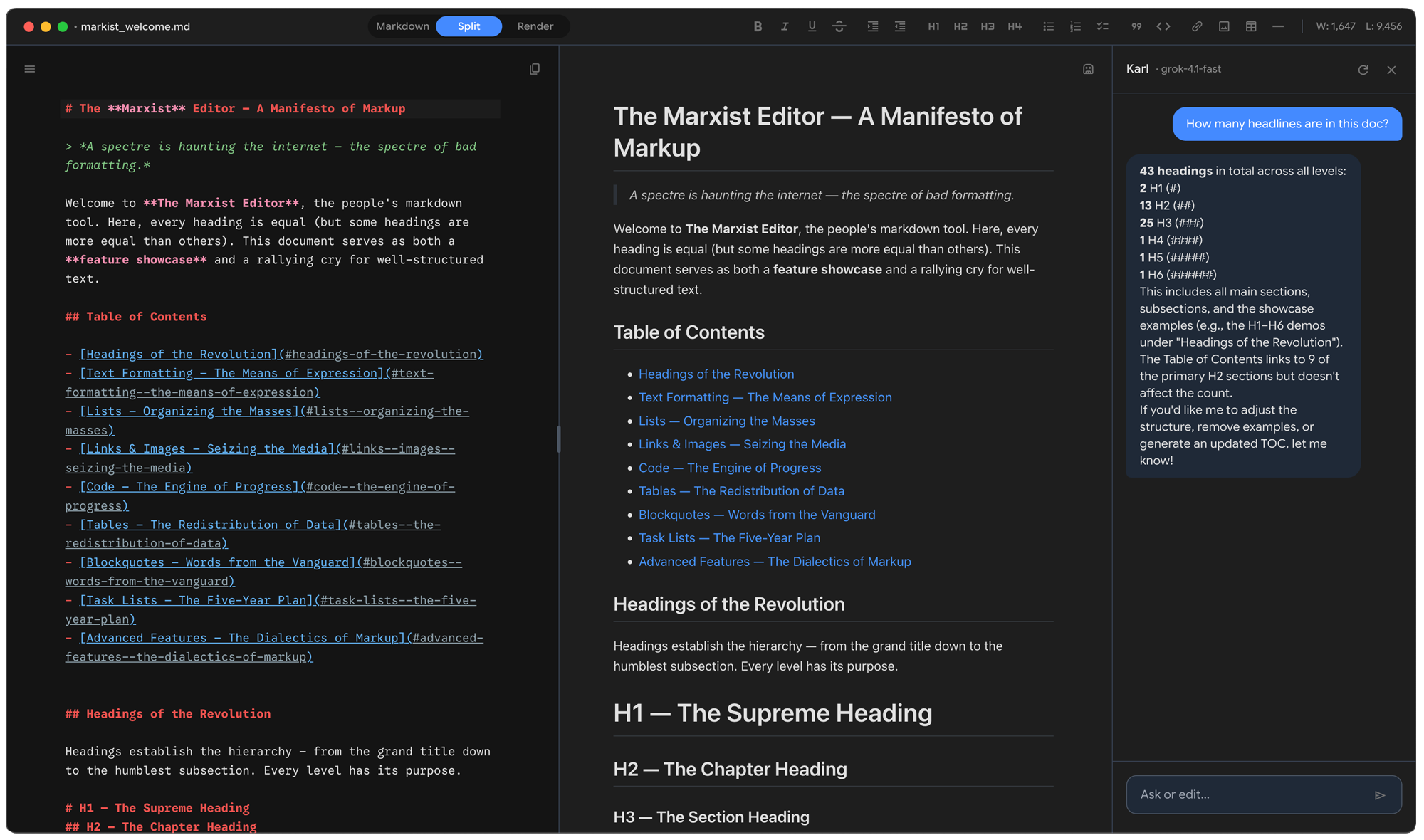 Split view with syntax-highlighted editor, live preview, and AI assistant panel