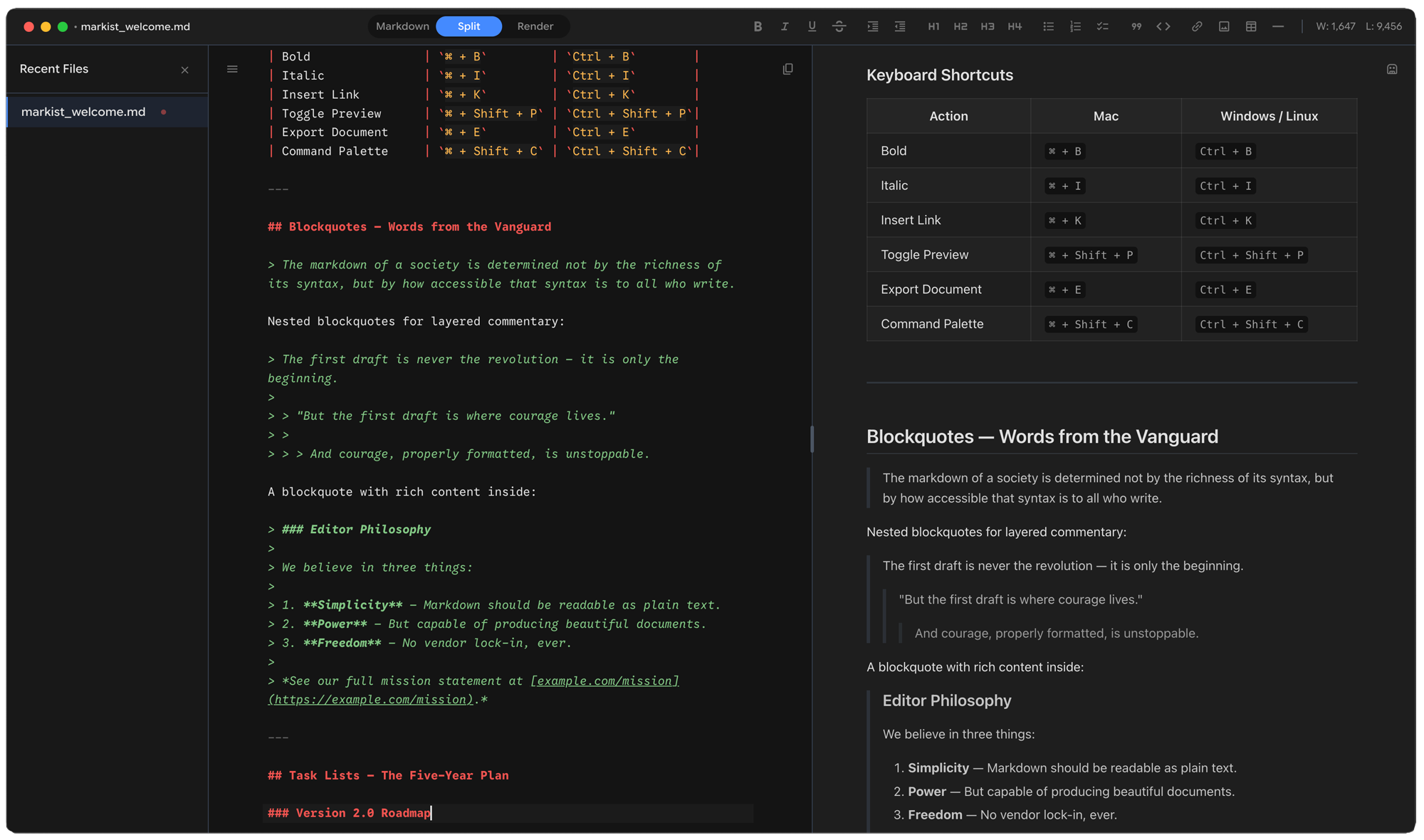 File sidebar for recent documents and keyboard shortcuts reference